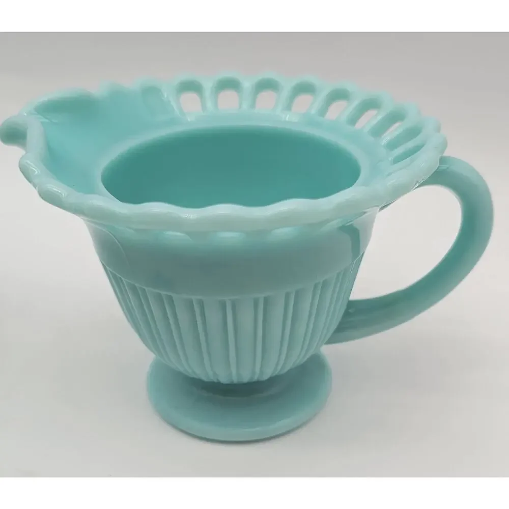 Fostoria Randolph Blue Milk Glass Cream Sugar & Candlestick Holder Set